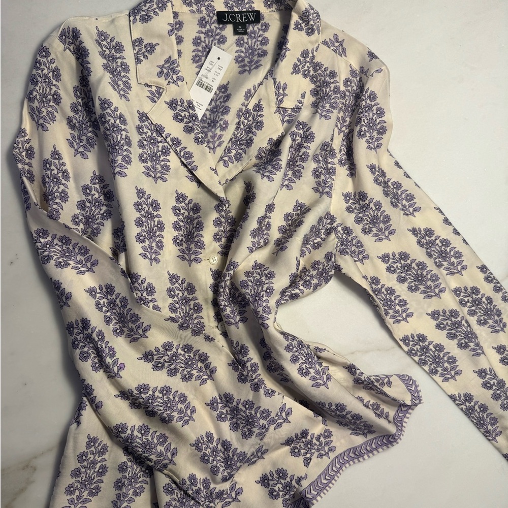 J. Crew Cream Blouse with Purple Floral Design